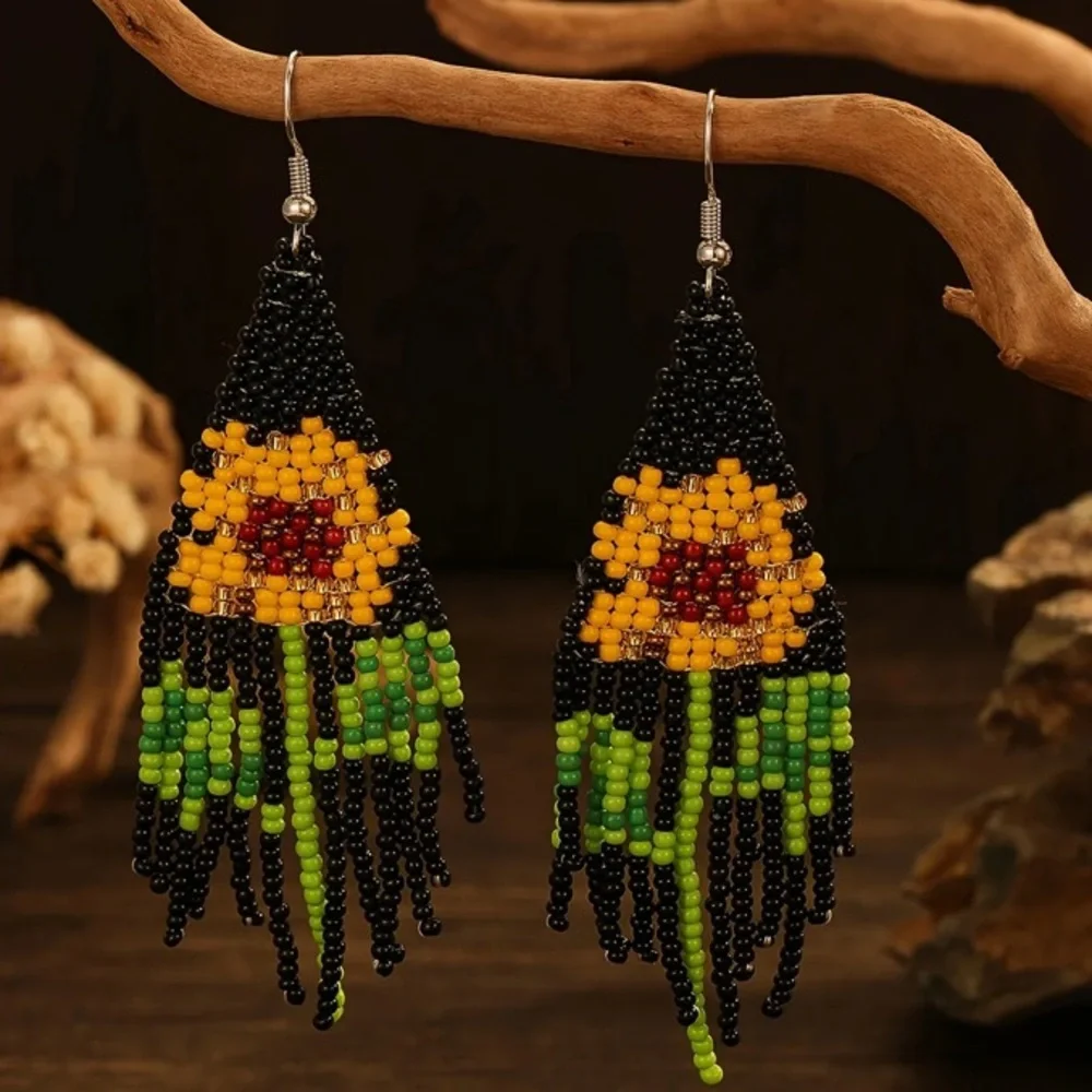 Boho Sunflower Seed Bead Tassel Earrings
